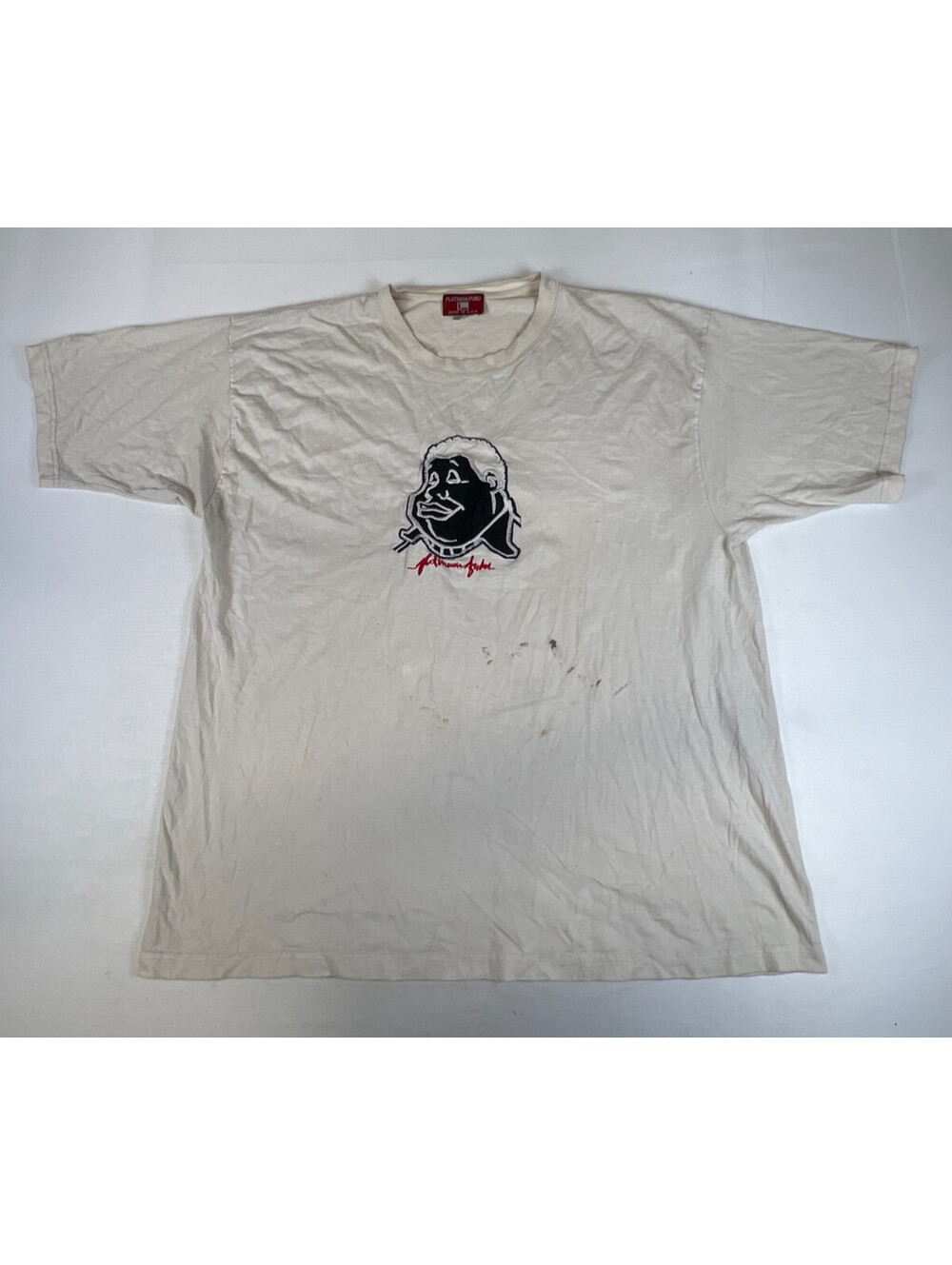 Vintage Platinum Fubu Men's L Made in USA White Graphic T-Shirt Tee Flawed